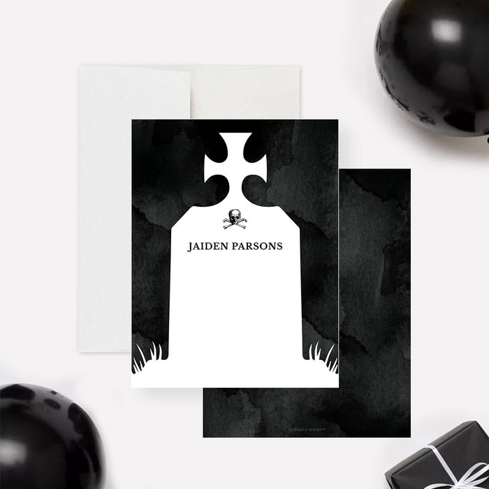 personalized gothic tombstone thank you card with black background, skull and crossbones detail, and custom name-front-back