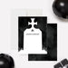 personalized gothic tombstone thank you card with black background, skull and crossbones detail, and custom name-front-back