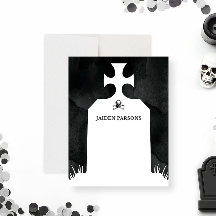 personalized gothic tombstone thank you card with black background, skull and crossbones detail, and custom name-front
