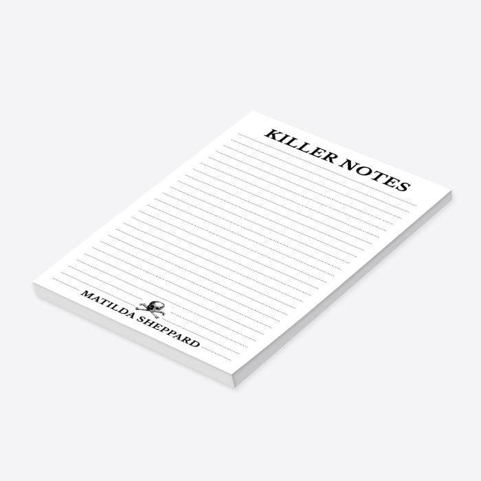 personalized gothic notepad featuring the words "Killer Notes," lined pages, a skull-and-crossbones illustration, and a customizable name-side