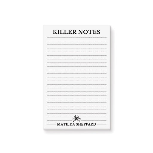 personalized gothic notepad featuring the words "Killer Notes," lined pages, a skull-and-crossbones illustration, and a customizable name