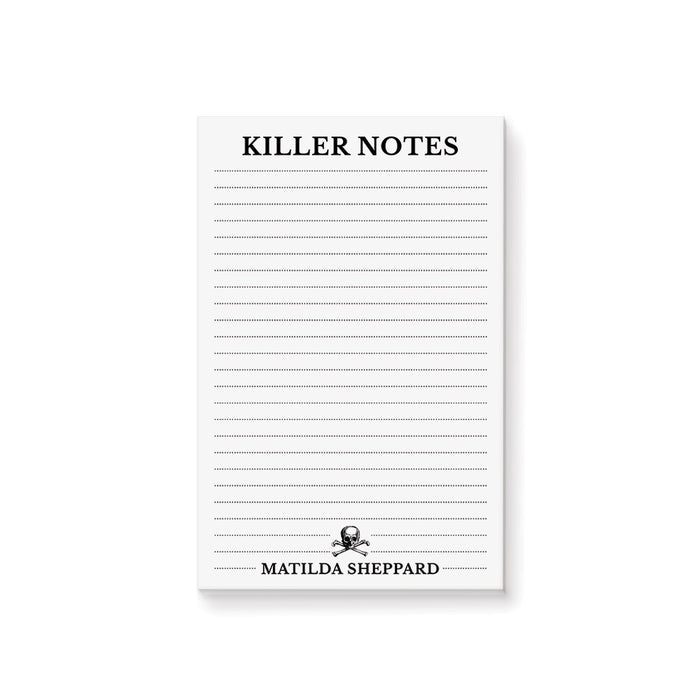personalized gothic notepad featuring the words "Killer Notes," lined pages, a skull-and-crossbones illustration, and a customizable name