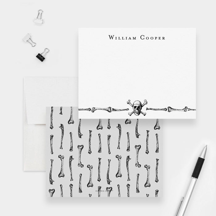Custom spooky stationery card with skull and bone design gothic Halloween note card