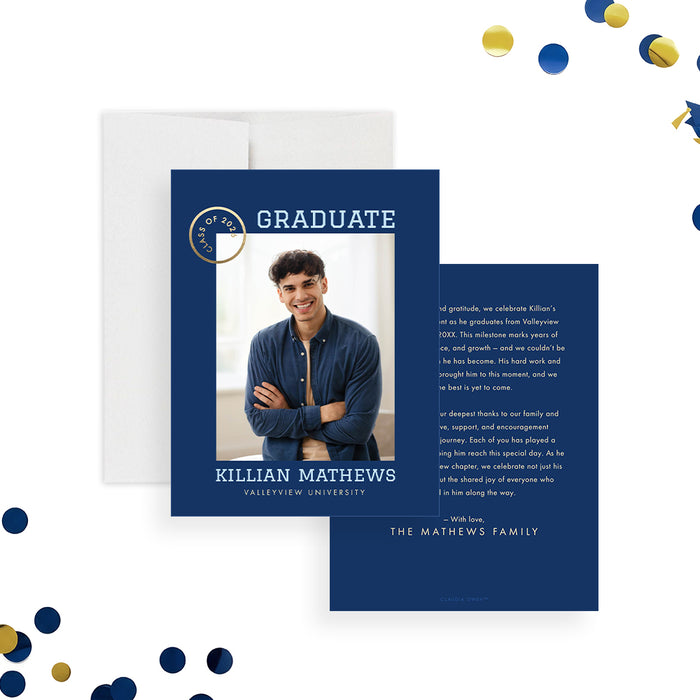 Graduation announcement photo card Class of 2026 navy design with graduate portrait and modern layout-front-back