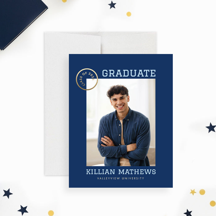 Graduation announcement photo card Class of 2026 navy design with graduate portrait and modern layout-front