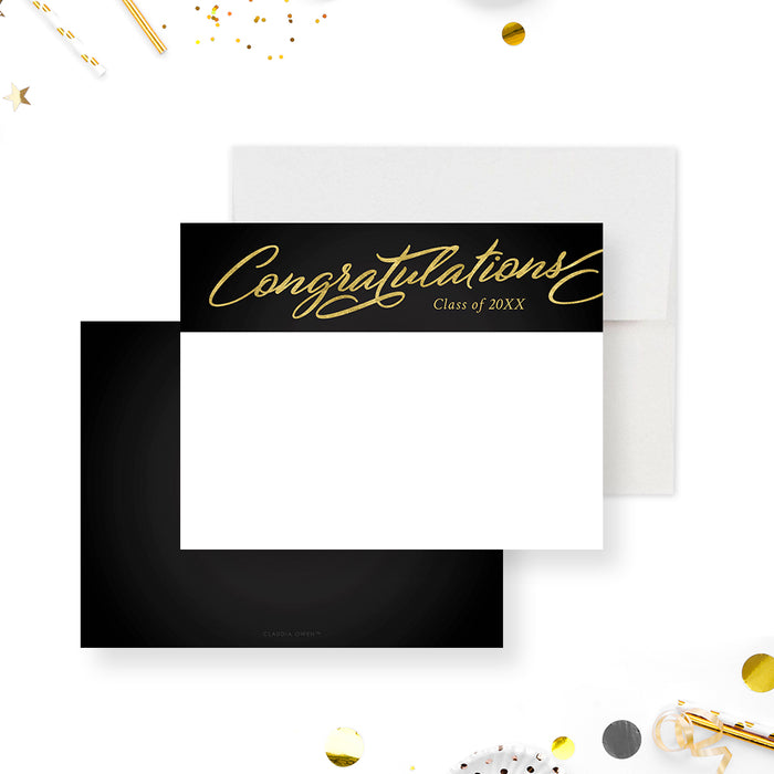 Black and gold graduation congratulations note card with elegant script calligraphy and Class of 2026 design on premium cardstock-front-back