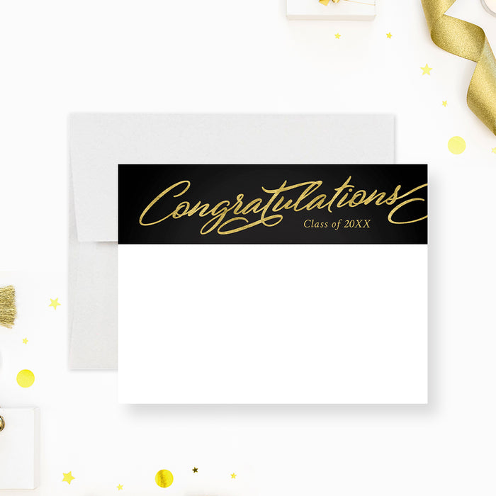 Black and gold graduation congratulations note card with elegant script calligraphy and Class of 2026 design on premium cardstock-front