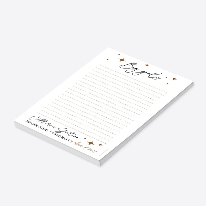 Personalized graduation notepad with a “Big Goals” script header, gold star accents, and custom details at the bottom.-side