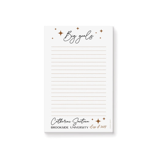 Personalized graduation notepad with a “Big Goals” script header, gold star accents, and custom details at the bottom.
