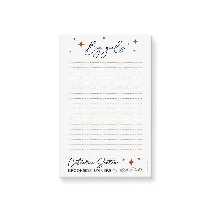 Personalized graduation notepad with a “Big Goals” script header, gold star accents, and custom details at the bottom.