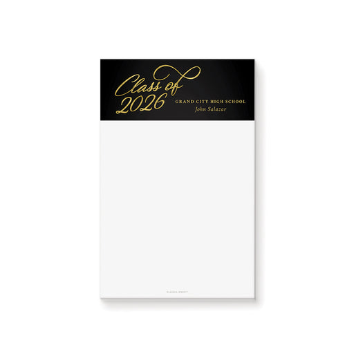 Black and gold Class of 2026 graduation notepad with elegant script typography and personalized detail