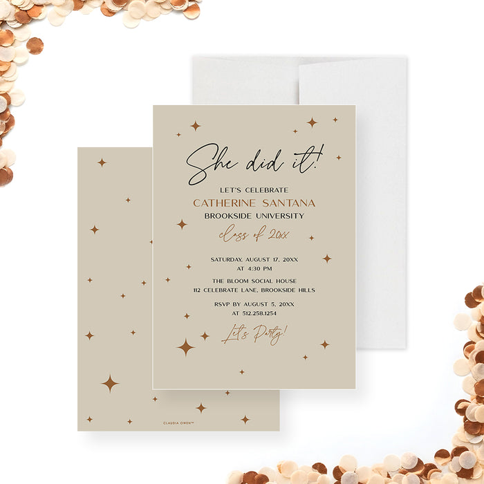 Neutral beige graduation party invitation card with “She Did It” script headline and a sparkle design-front-back