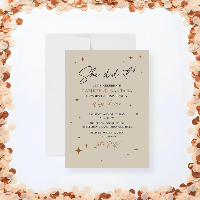 Neutral beige graduation party invitation card with “She Did It” script headline and a sparkle design-front