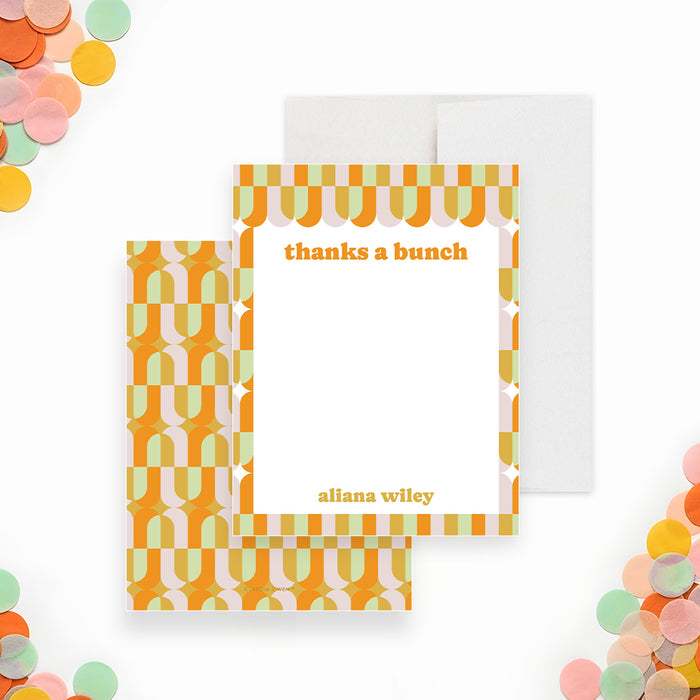 Retro thanks a bunch personalized graduation note card with colorful geometric pattern-front-back