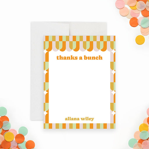 Retro thanks a bunch personalized graduation note card with colorful geometric pattern-front