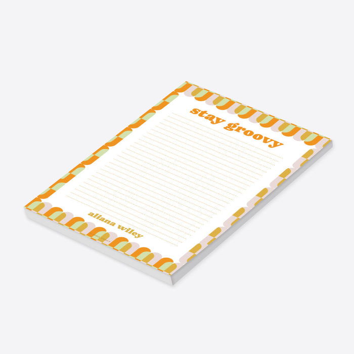 Personalized "Stay Groovy" notepad with a colorful retro geometric design-side