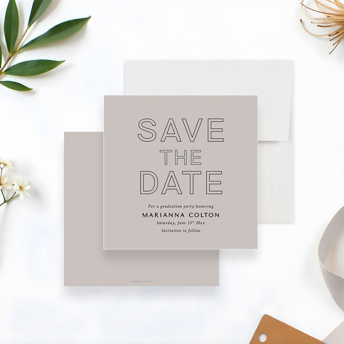 Personalized graduation party save the date card with modern minimalist design on neutral background-front-back