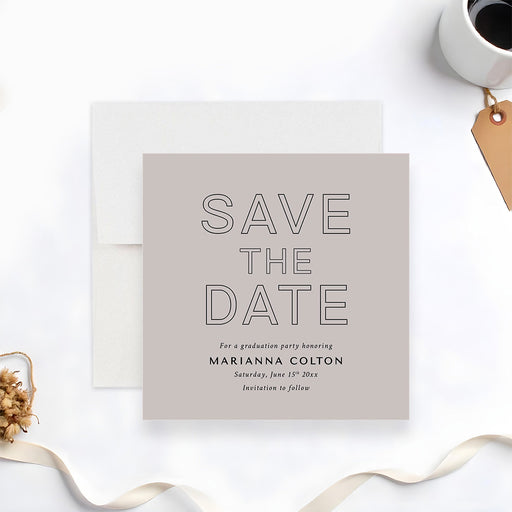 Personalized graduation party save the date card with modern minimalist design on neutral background-front