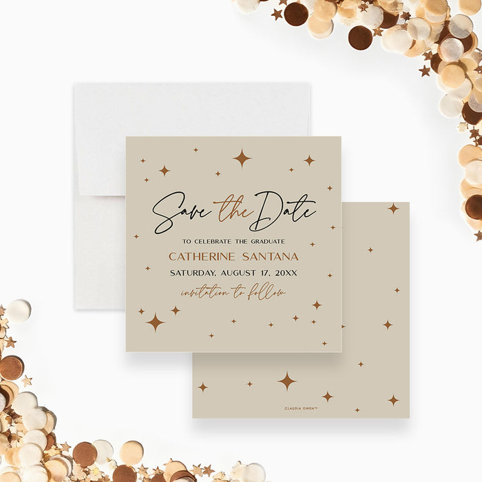 Neutral beige graduation save the date card with elegant script typography and star accents-front-back