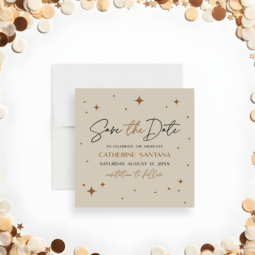 Neutral beige graduation save the date card with elegant script typography and star accents-front