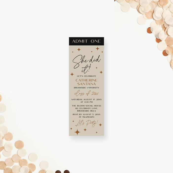 Neutral beige “Admit One” graduation ticket invitation with gold stars and script text reading “She Did It” for grad party celebration