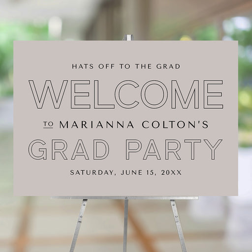 Personalized graduation welcome sign with a neutral taupe design, modern graduation party entrance signage for celebration décor.