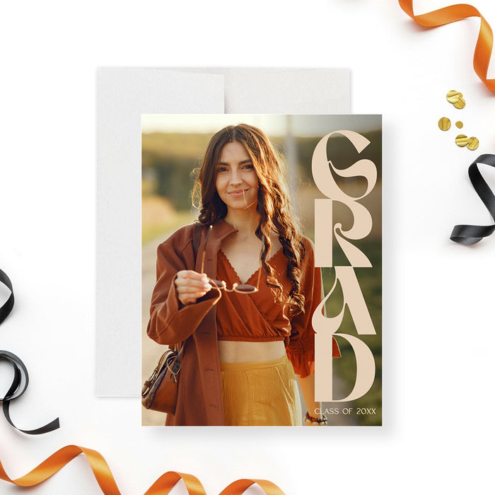 Modern, neutral graduation announcement card with photo, bold GRAD typography, and cream confetti swirl accents-front