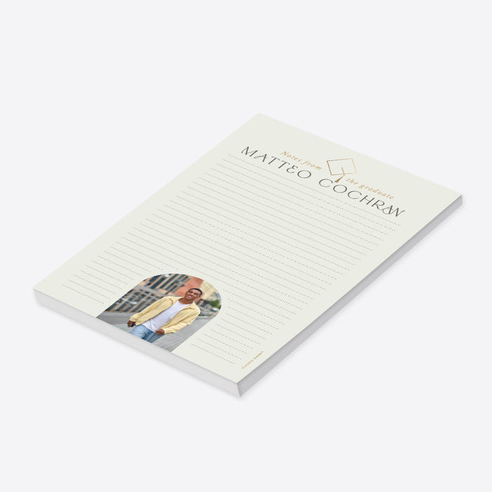 Personalized graduation notepad with custom photo, name header, and lined pages designed as a graduation gift or party keepsake-side