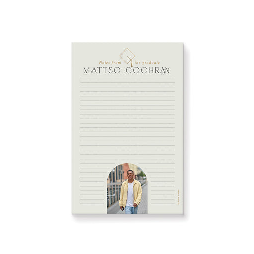 Personalized graduation notepad with custom photo, name header, and lined pages designed as a graduation gift or party keepsake