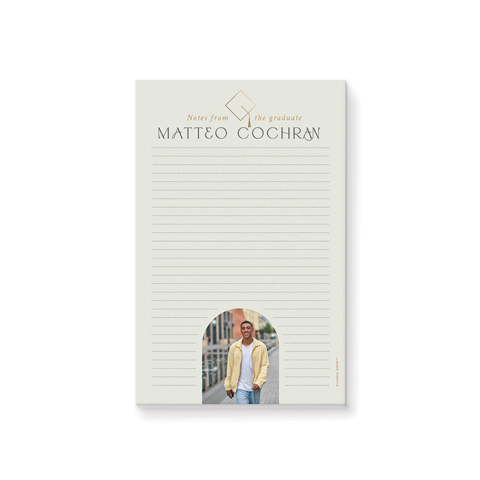 Personalized graduation notepad with custom photo, name header, and lined pages designed as a graduation gift or party keepsake