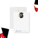 Personalized note card with a graduate portrait in a cap, a name and graduation year, shown with a white envelope.