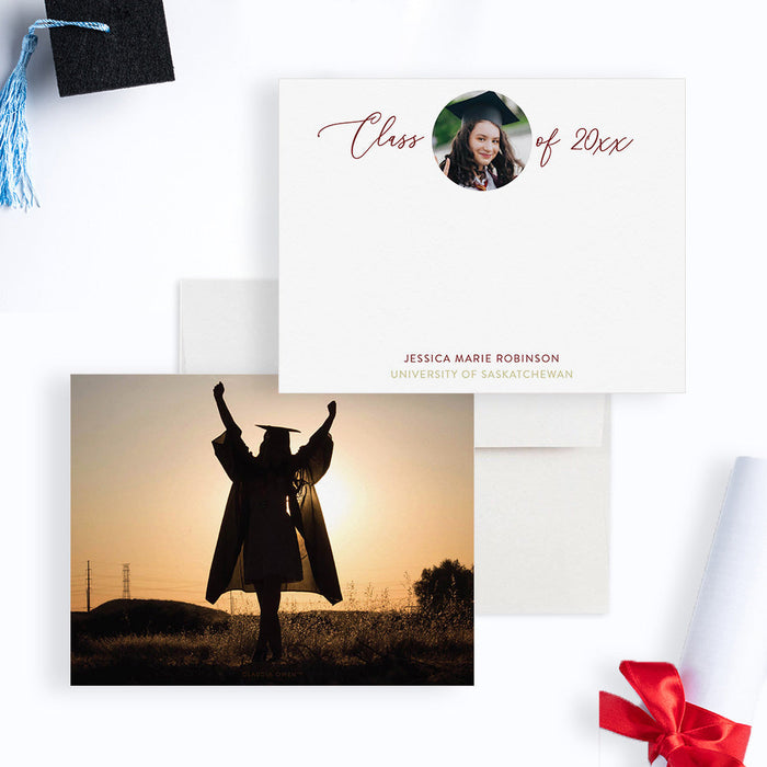 Front and back of personalized note cards with Class of wording, a graduate portrait and personalized graduation details and a graduate photo on the back.