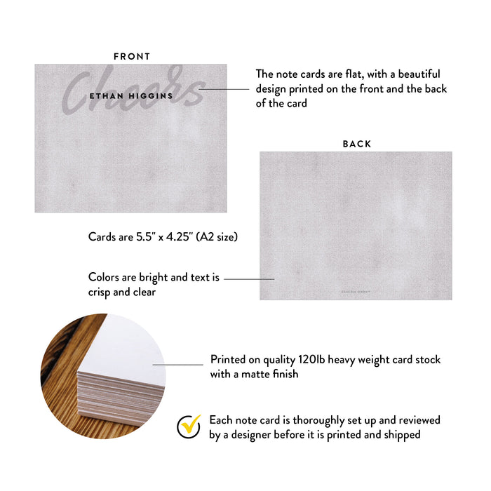 Front and back of personalized gray cheers note cards with A2 size and matte cardstock details.