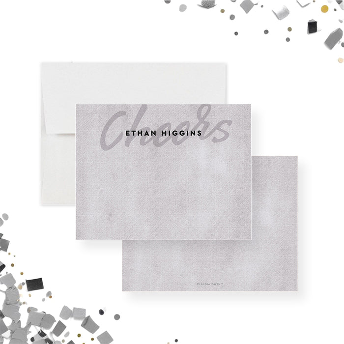 Gray personalized note card with textured background and large Cheers script behind the custom name.