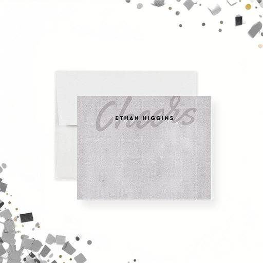 Gray personalized note card with textured background and large Cheers script behind the custom name.