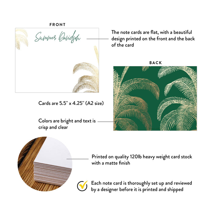 Front and back of personalized green and gold palm tree note cards with A2 size and matte cardstock details.