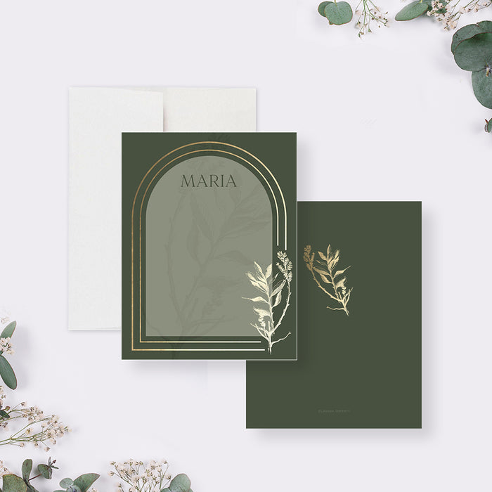 Personalized green note cards with an arched writing panel and printed gold leaf illustrations on the front and reverse.