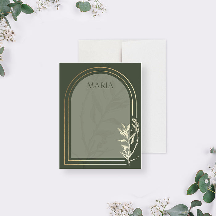 Personalized green note cards with an arched writing panel and printed gold leaf illustrations on the front and reverse.
