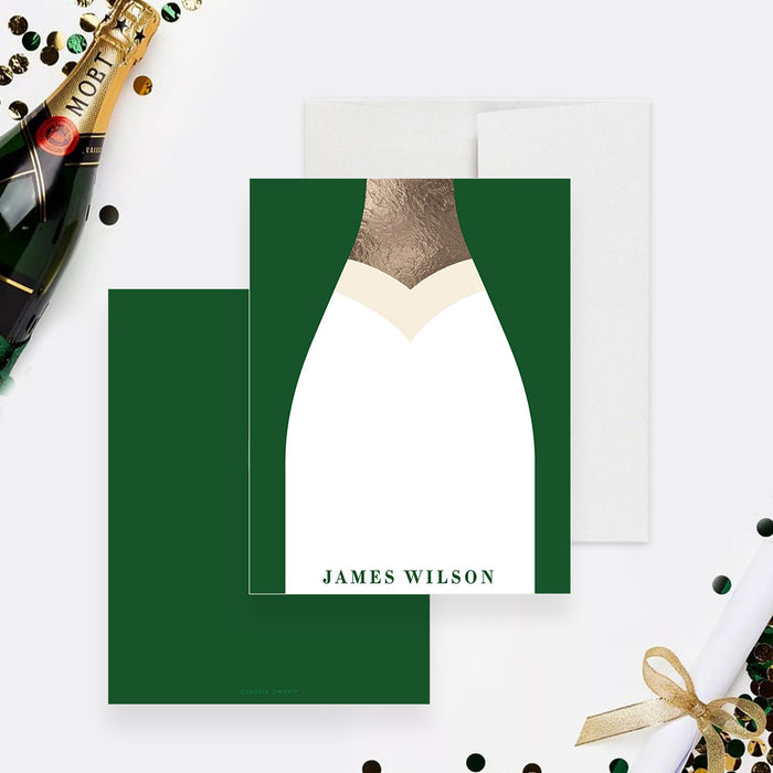 Personalized champagne bottle note card with green bottle design and custom name-front-back