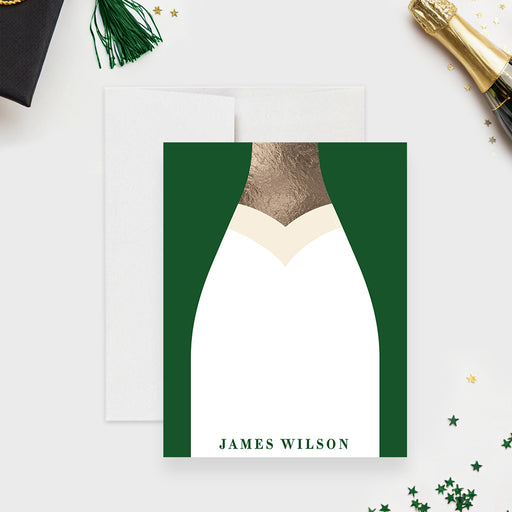 Personalized champagne bottle note card with green bottle design and custom name-front