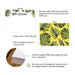 Front and back of personalized green palm leaf note cards with yellow back with A2 size and matte cardstock details.