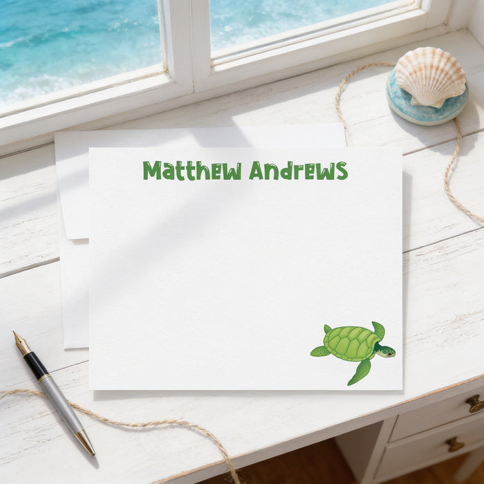 Personalized kids note card featuring a custom name, cute green sea turtle illustration