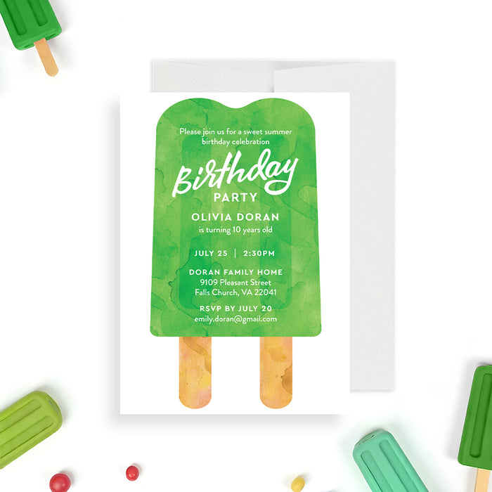 Personalized green watercolor ice pop birthday party invitation for kids with child’s name, age, date, venue, address and RSVP details-front