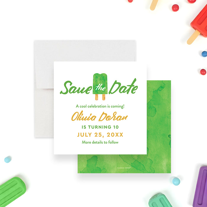 Personalized green watercolor ice pop birthday save the date card for kids with child’s name, age, party date, and details to follow wording-front-back