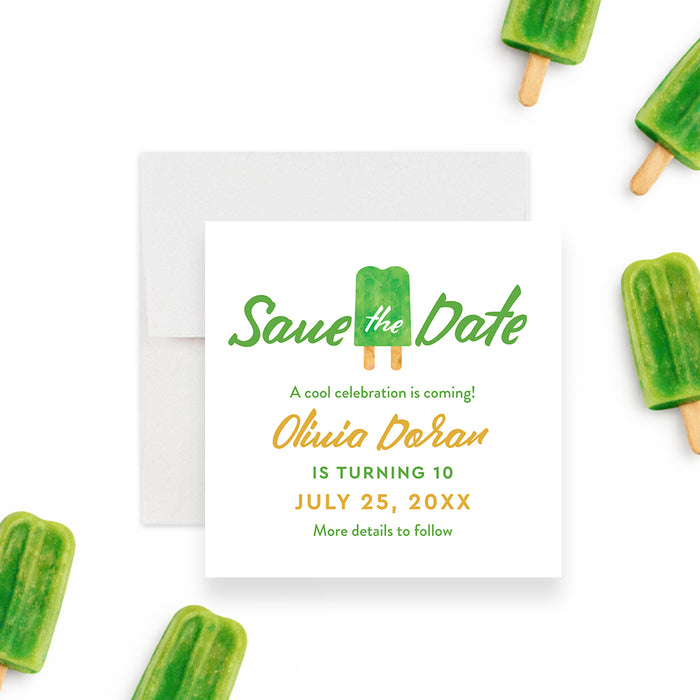 Personalized green watercolor ice pop birthday save the date card for kids with child’s name, age, party date, and details to follow wording-front
