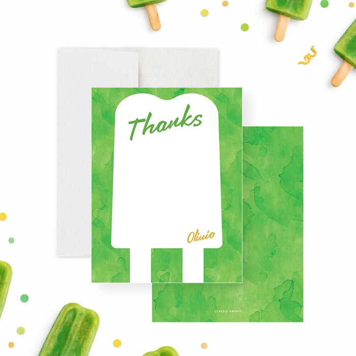 Personalized green watercolor ice pop birthday thank you card for kids with Thanks wording, child’s name and blank writing area-front-back