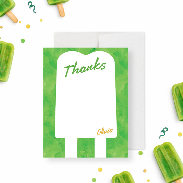Personalized green watercolor ice pop birthday thank you card for kids with Thanks wording, child’s name and blank writing area-front