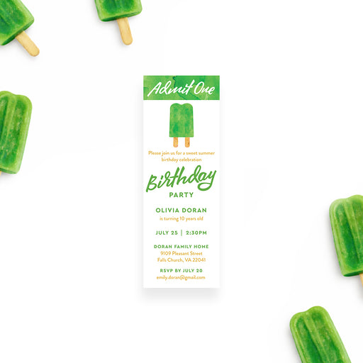 Personalized popsicle birthday ticket invitation with green watercolor popsicle, child’s name, age, time, location, RSVP details, and Admit One wording