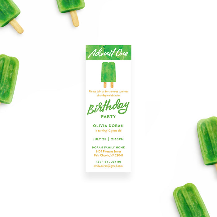 Personalized popsicle birthday ticket invitation with green watercolor popsicle, child’s name, age, time, location, RSVP details, and Admit One wording