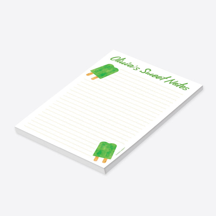 Personalized green watercolor ice pop notepad for kids with child’s name, lined writing area and two cheerful ice pop illustrations-side